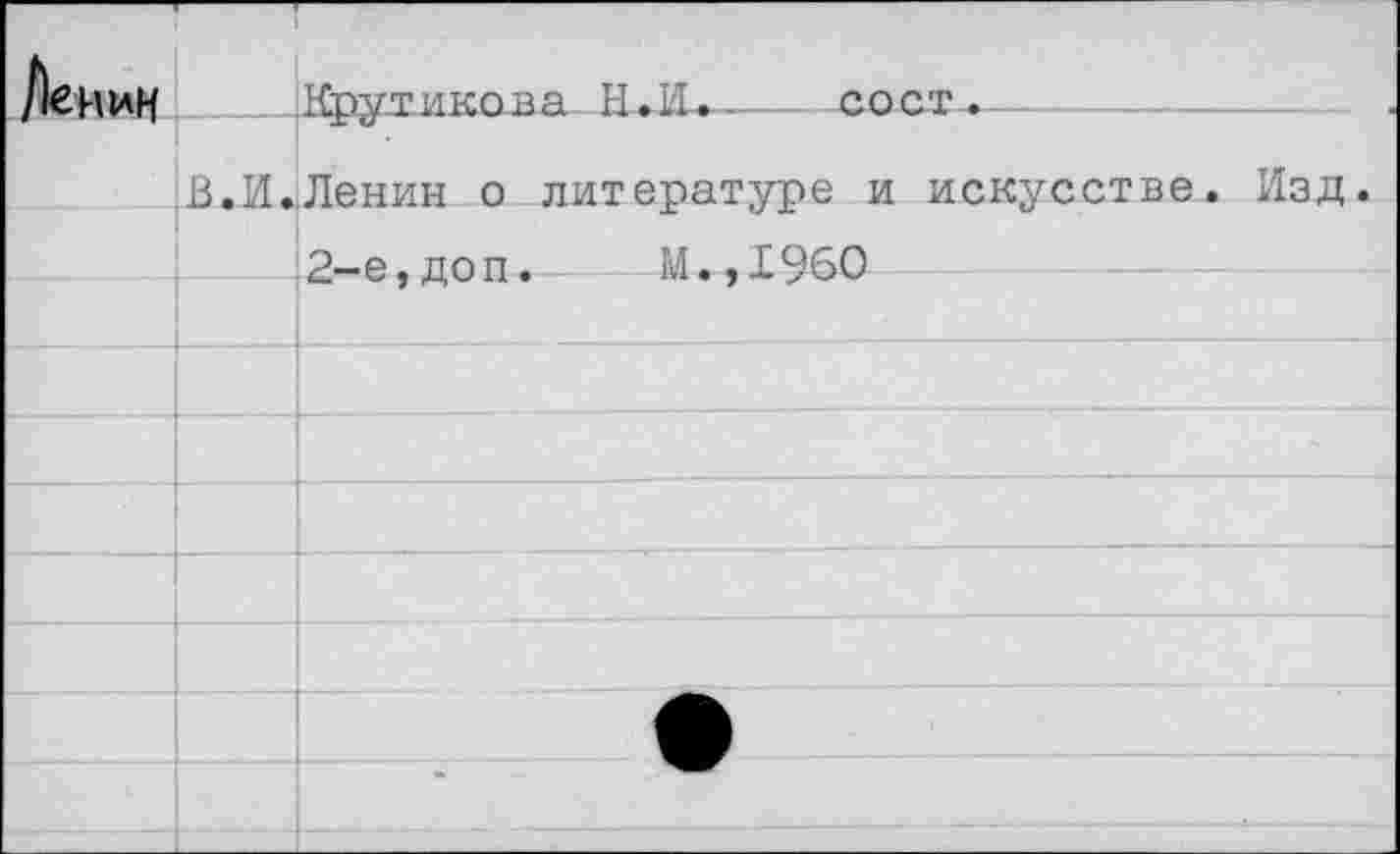 ﻿		Кру т икона Н . И..	с о ст -.		. .
	в.и.	Ленин о литературе и искусстве. Изд. 2-е, доп.- М.,1960
		
		
		
		
		
		
		